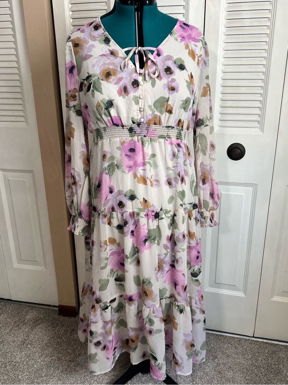 Venus Floral Midi Dress Large Pink Watercolor Smocked Empire Waist Cottagecore